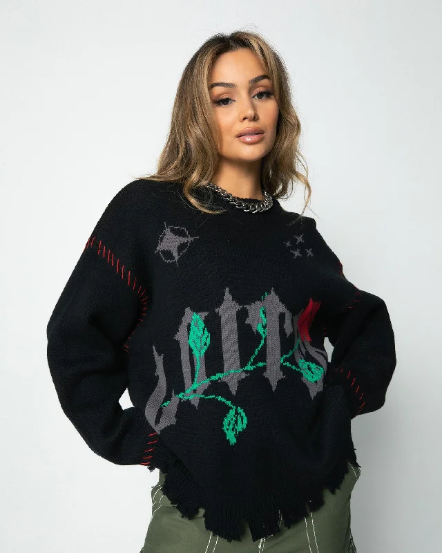Loiter Fable Distressed Knit Sweater Black