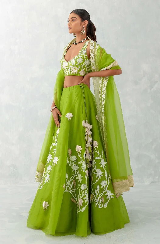 Green Embroidered Silk Organza Lehenga