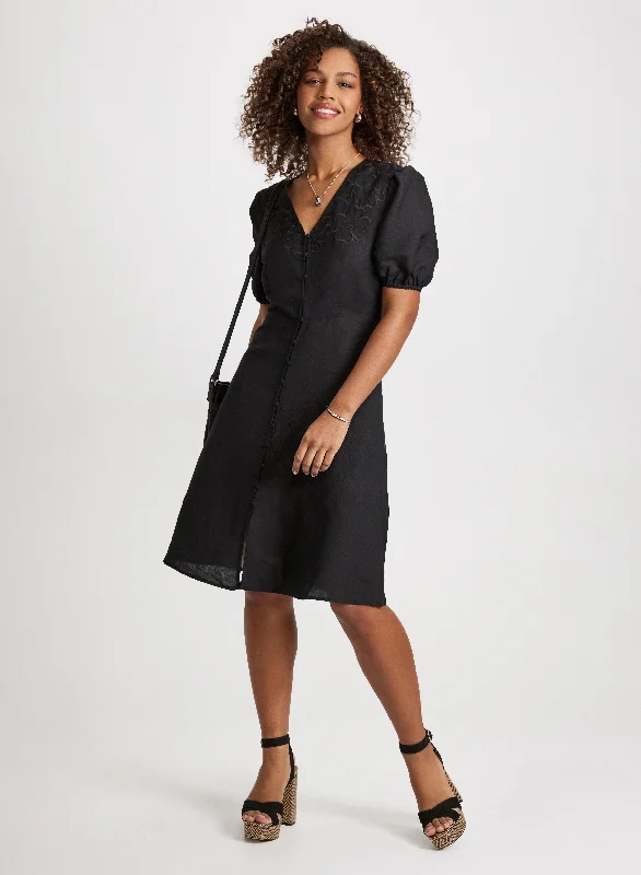 Buttoned Linen-Blend Midi Dress