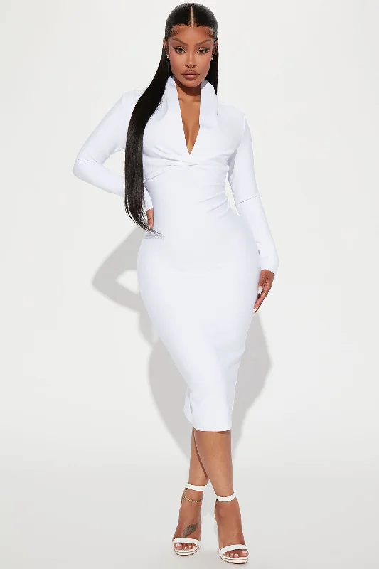 Classic Long Sleeve Bandage Midi Dress - White