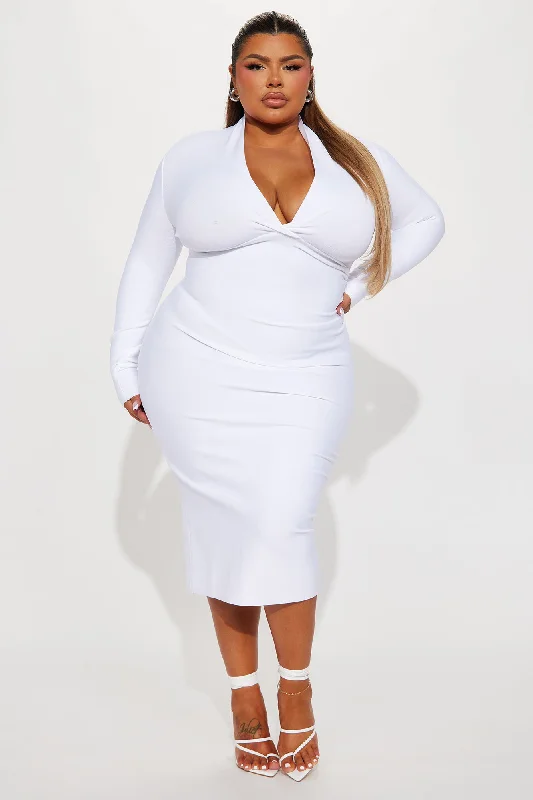 Classic Long Sleeve Bandage Midi Dress - White