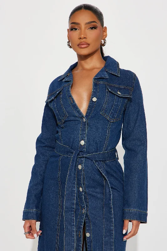 Denim Delight Midi Shirt Dress - Dark Denim