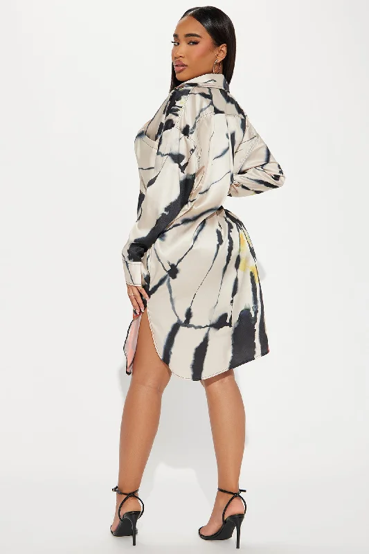 Keep It Abstract Satin Midi Dress - Tan/Multi