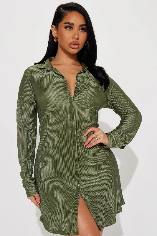 Lisa Plisse Shirt Dress - Olive