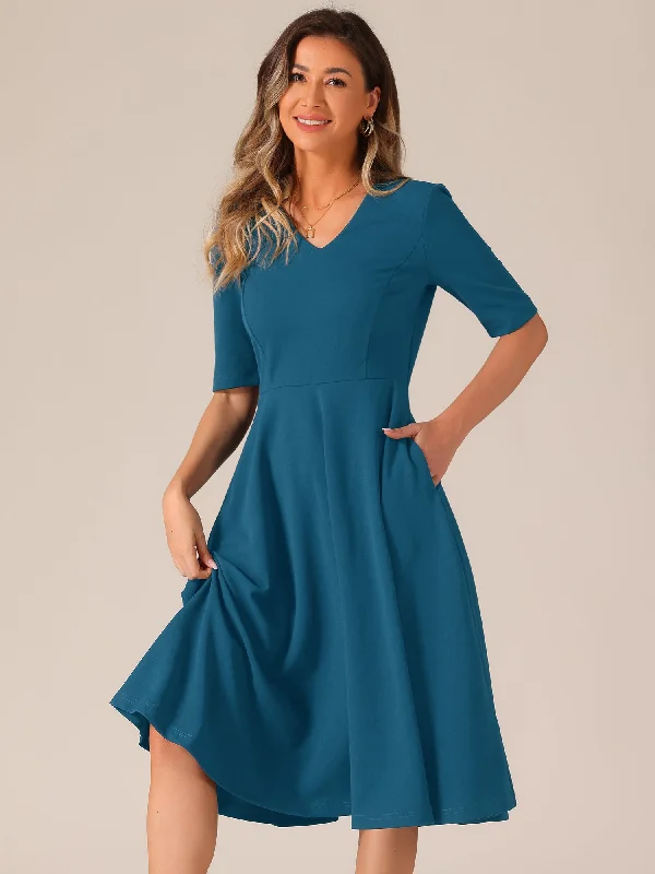 Solid Color V Neck Half Sleeve Pocketed Swing Midi Dress