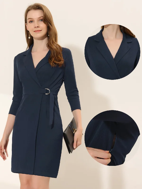 Sheath 3/4 Sleeve Knit Lapel Collar Belted Work Office Dress