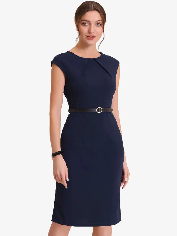 Elegant Business Cap Sleeve Belted Pencil Work Sheath Dress