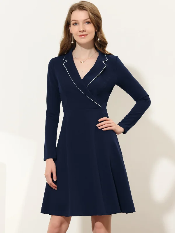 Notch Collar Work Wrap V Neck Long Sleeve Fit Flare Dress