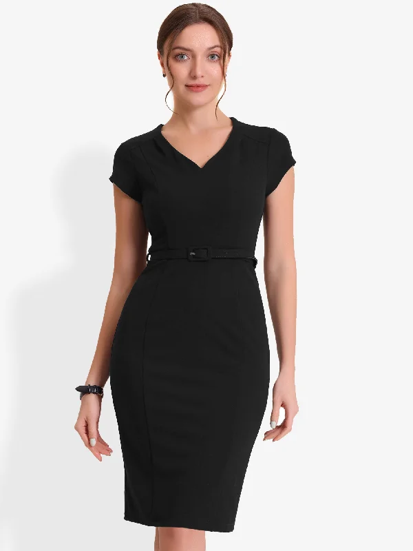 Pencil V Neck Cap Sleeve Work Business Bodycon Sheath Dress