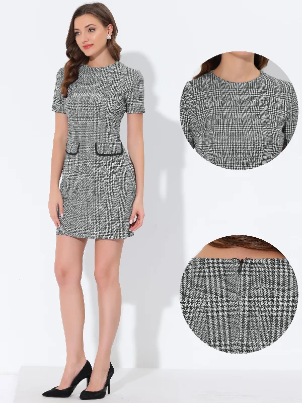 Work Short Sleeve Vintage Houndstooth Pencil Sheath Dress