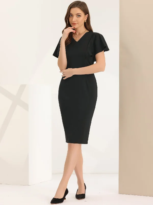 Pencil V Neck Flare Sleeve Wear to Work Sheath Midi Dress