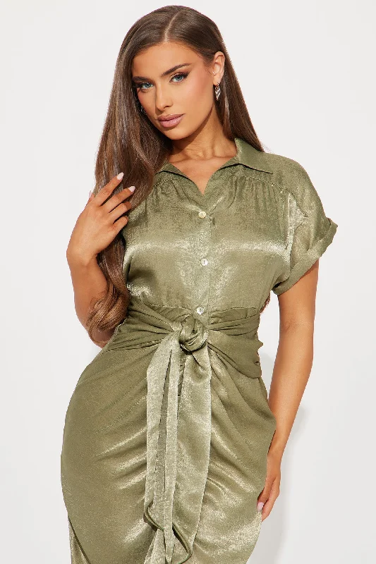 She Means Business Satin Midi Dress - Olive