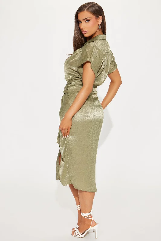 She Means Business Satin Midi Dress - Olive