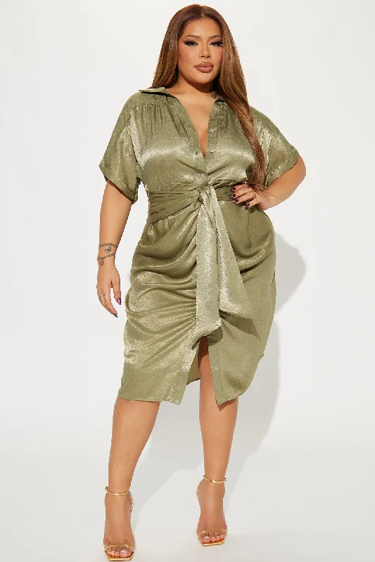 She Means Business Satin Midi Dress - Olive