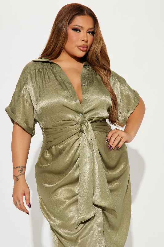 She Means Business Satin Midi Dress - Olive