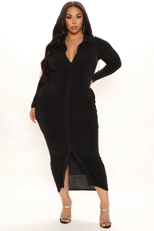 Silky Smooth Long Sleeve Slinky Dress - Black