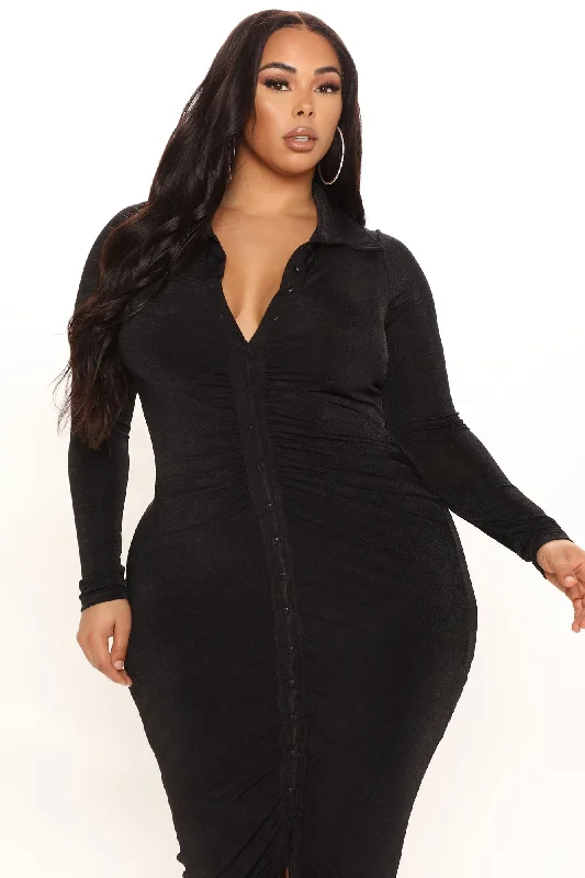 Silky Smooth Long Sleeve Slinky Dress - Black