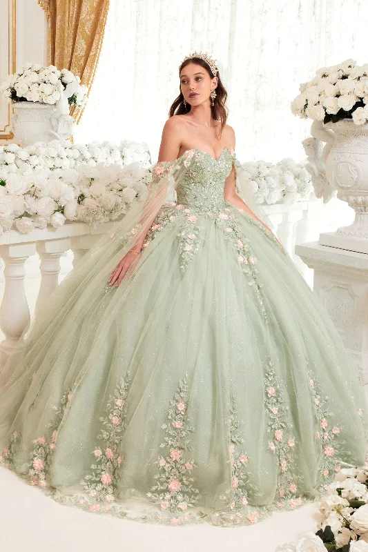 Floral Applique Cape Sleeve Ball Gown by Ladivine 15716