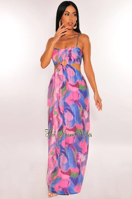 Pink Watercolor Print O Ring Cut Out Maxi Dress