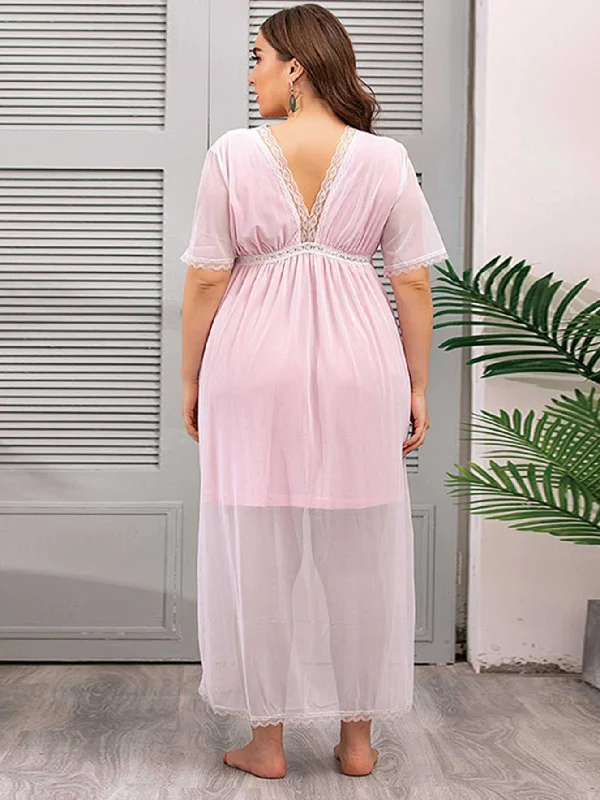 KittenAlarm - Plus Size Mesh V-neck Lace Sheer Lounge Wear Nightdress