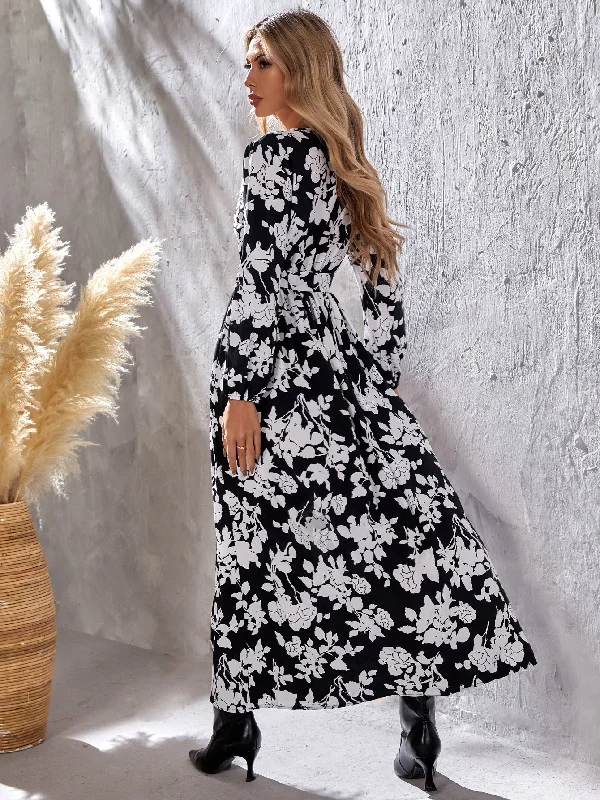 KittenAlarm - Women's Casual Floral Print Evening Dresses Long Sleeve V Neck Cocktail Party Long Maxi Dress