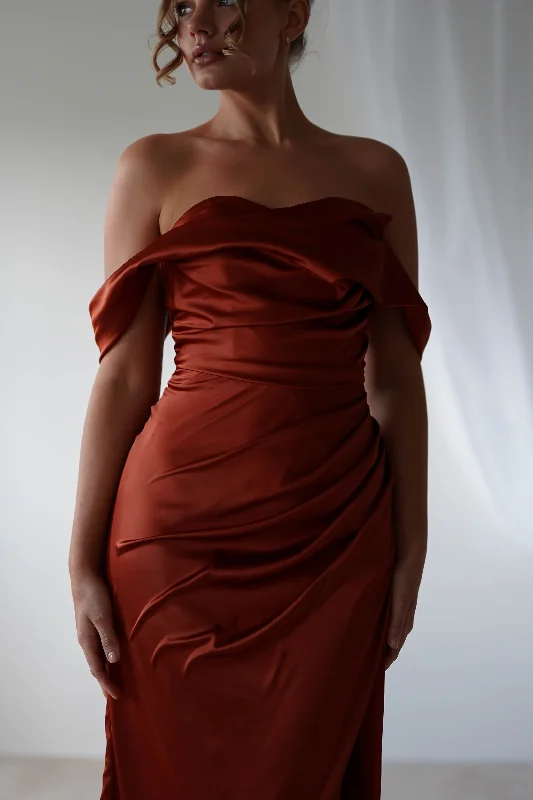 Beth Draped Silky Satin Gown | Rust