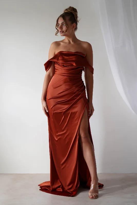 Beth Draped Silky Satin Gown | Rust