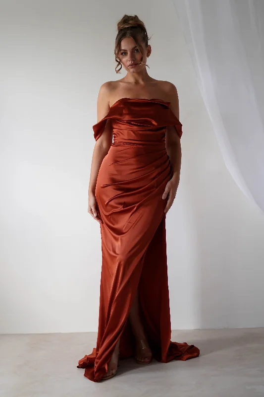 Beth Draped Silky Satin Gown | Rust