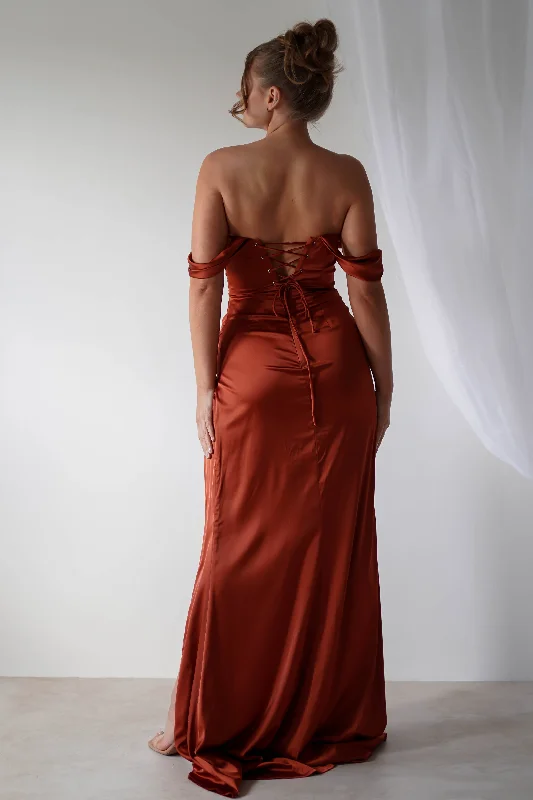 Beth Draped Silky Satin Gown | Rust