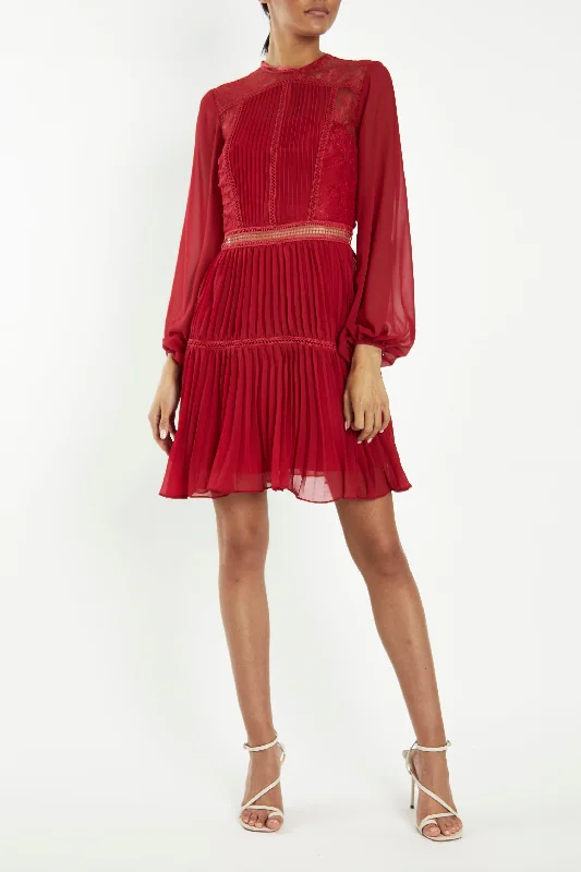 Lena Crimson-Red Lace Pleated Mini Dress