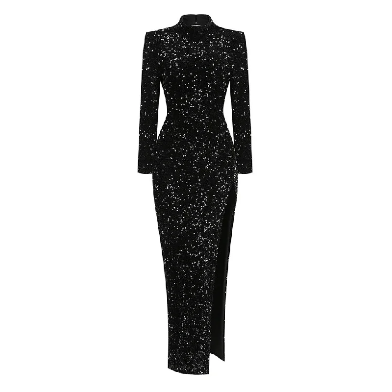 Opulent Velvet High Neck Long Sleeve Cutout Split Bodycon Sequin Maxi Dress