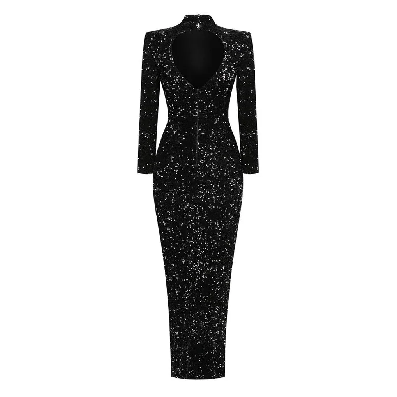 Opulent Velvet High Neck Long Sleeve Cutout Split Bodycon Sequin Maxi Dress