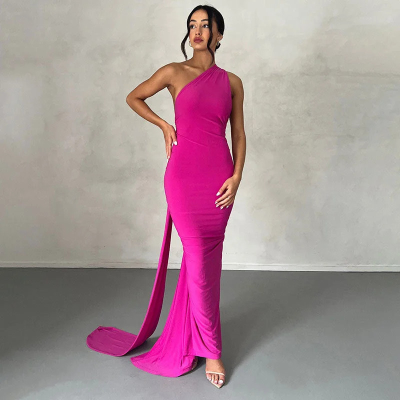 BerryBetty - Solid Color One Shoulder Ruched Evening Maxi Dress - Hot Pink