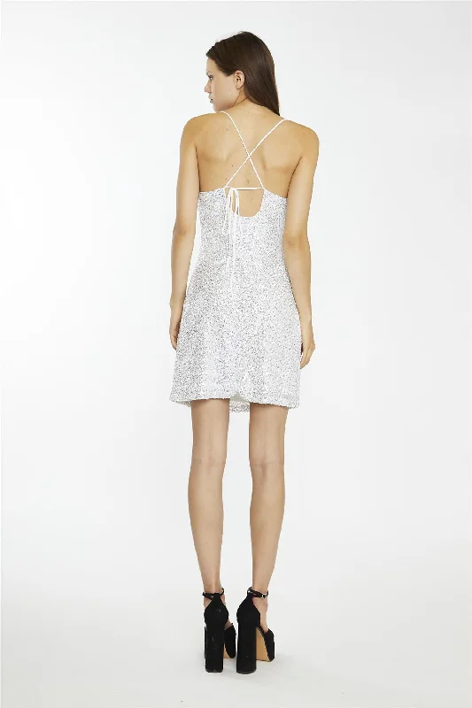 Silver Micro-Sequin Cowl-neck Mini-Dress