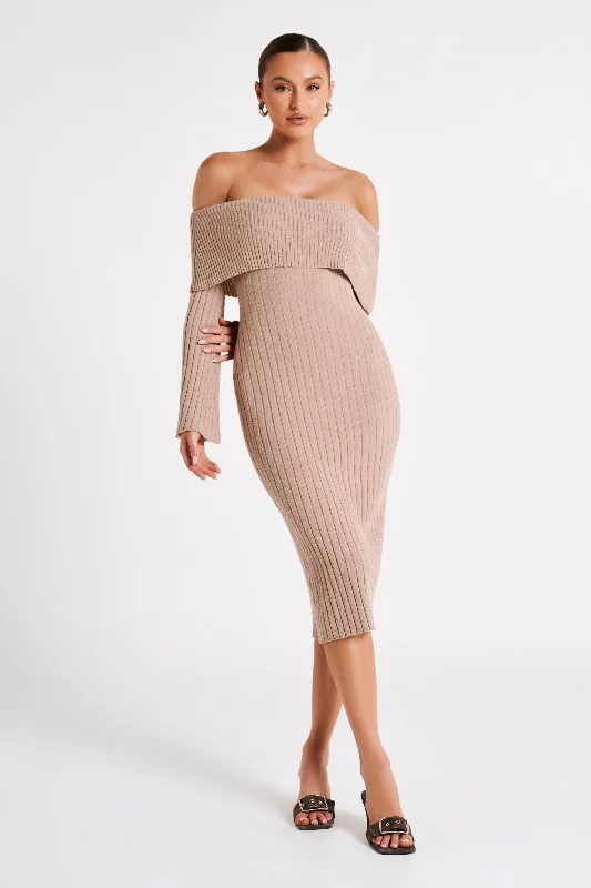 Stefania Off Shoulder Knit Dress - Taupe