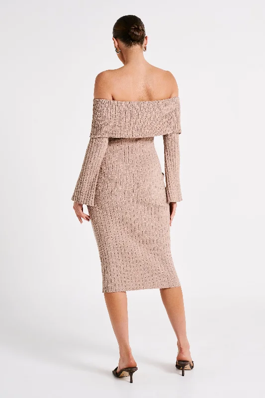 Stefania Off Shoulder Knit Dress - Taupe