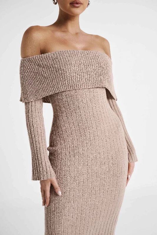 Stefania Off Shoulder Knit Dress - Taupe