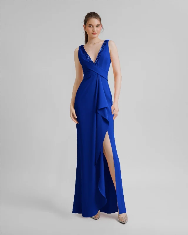 V-Neckline Royal Blue Beaded Dress