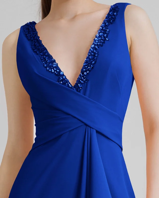 V-Neckline Royal Blue Beaded Dress