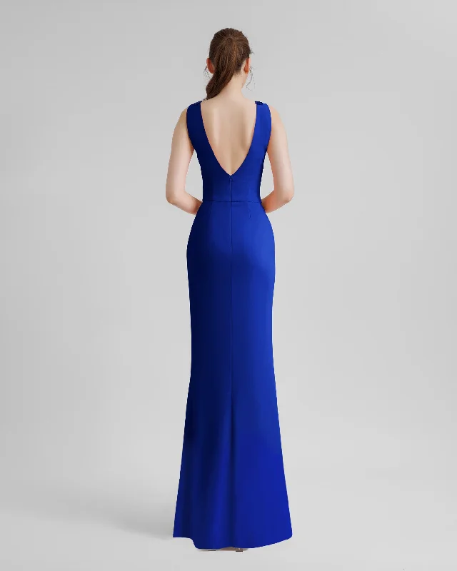 V-Neckline Royal Blue Beaded Dress