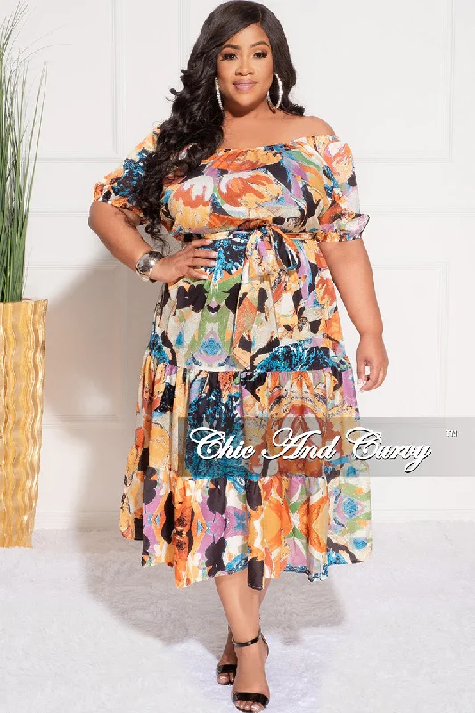 Final Sale Plus Size Off the Shoulder Dress with Waist Tie and Ruffle Bottom in Multi Color Print