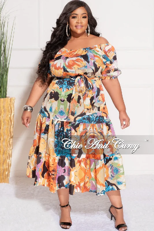 Final Sale Plus Size Off the Shoulder Dress with Waist Tie and Ruffle Bottom in Multi Color Print