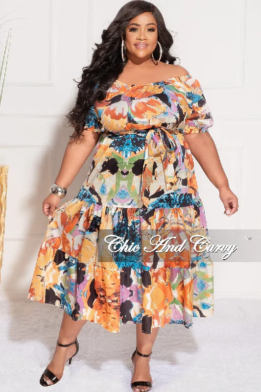 Final Sale Plus Size Off the Shoulder Dress with Waist Tie and Ruffle Bottom in Multi Color Print