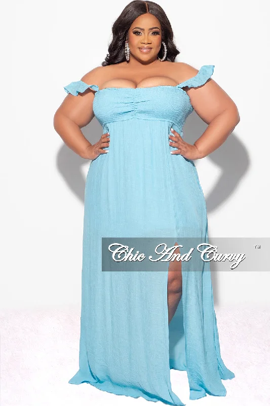 Final Sale Plus Size Off the Shoulder Smocked Maxi Dress in Soft Blue