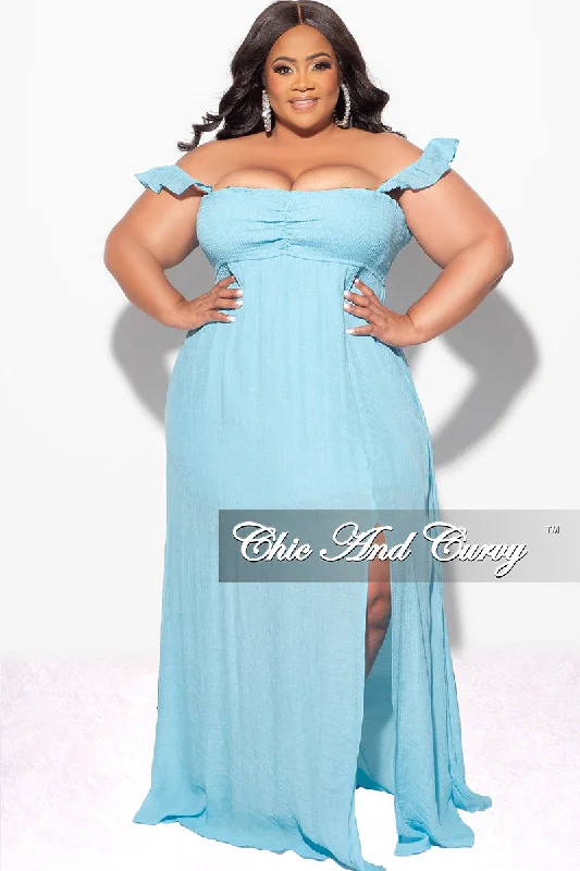 Final Sale Plus Size Off the Shoulder Smocked Maxi Dress in Soft Blue