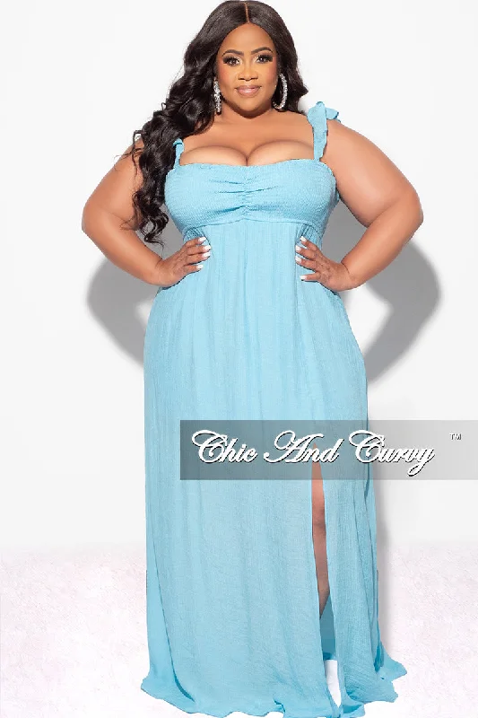 Final Sale Plus Size Off the Shoulder Smocked Maxi Dress in Soft Blue