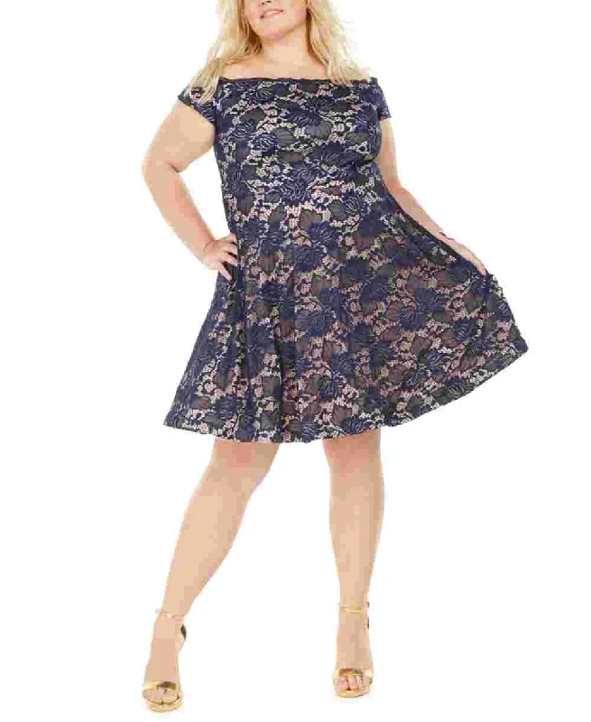 B Darlin Women's Embroidered Lace Floral Cap Sleeve Off Shoulder Above The Knee Fit + Flare Cocktail Dress Blue Size 22W