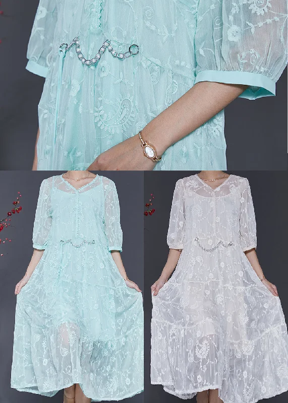 Beautiful Blue Embroidered Silk Long Dress Half Sleeve SD1005