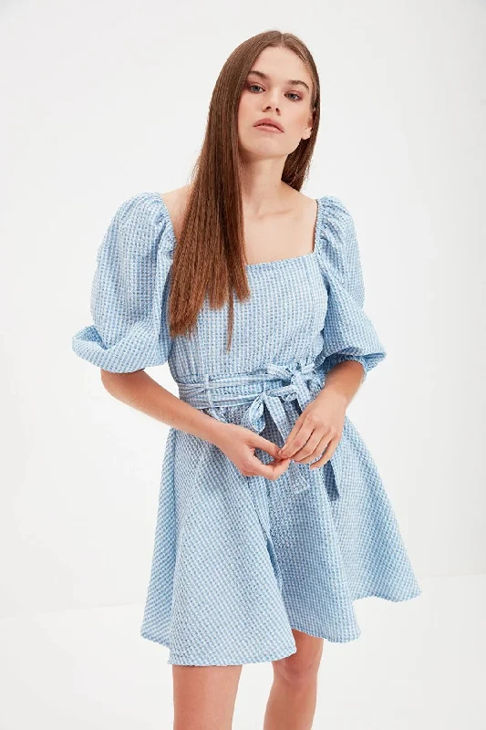 Blue Square Collar Dress REF : TWOAW22EL0051