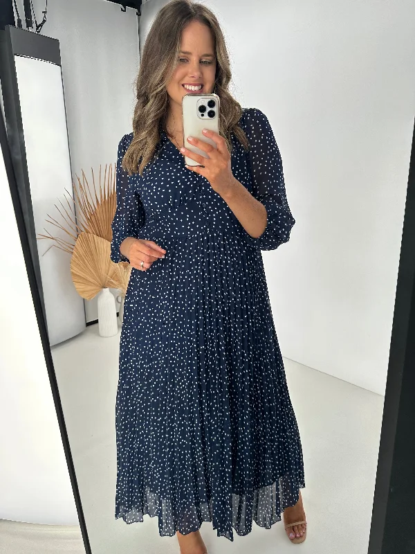 Boho Australia Holly Pleated Midi Dress Navy White Dot